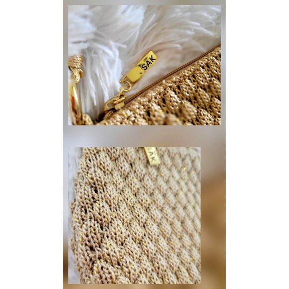 The Sak Original Gold Metallic Woven Crochet Shoulder Bag Chain Strap & Zipper - Picture 9 of 9